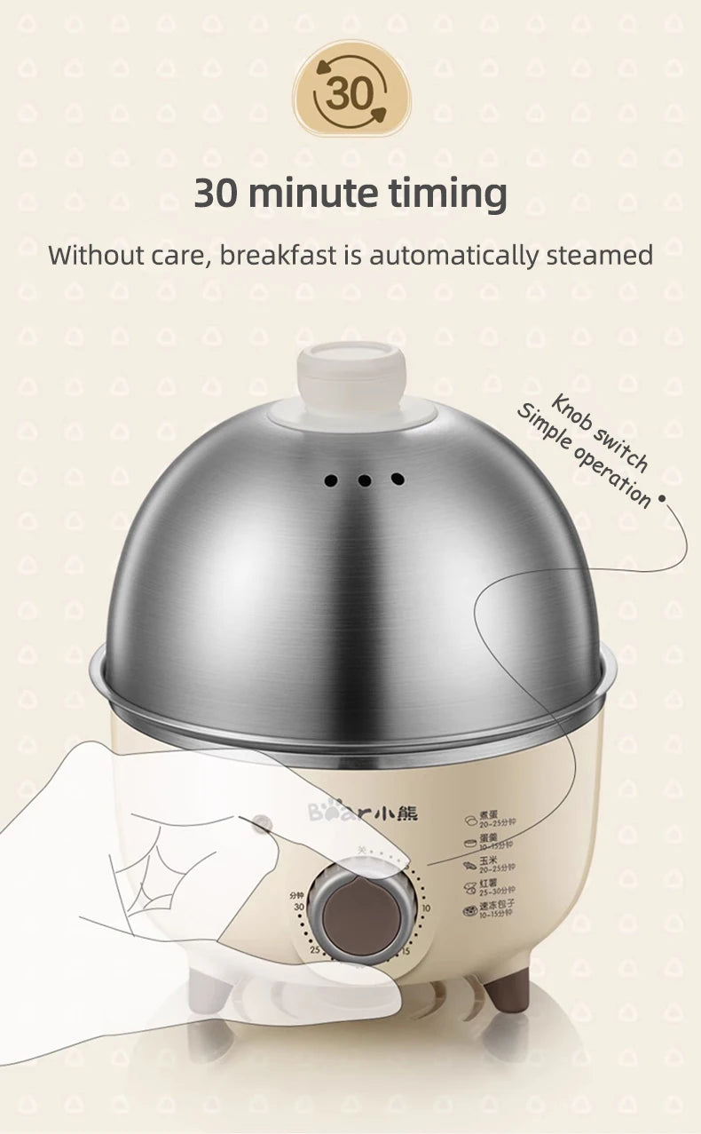 Showlu Smart Electric Egg Boiler with stainless steel design, 360W power, and timer for boiling 4-6 eggs.