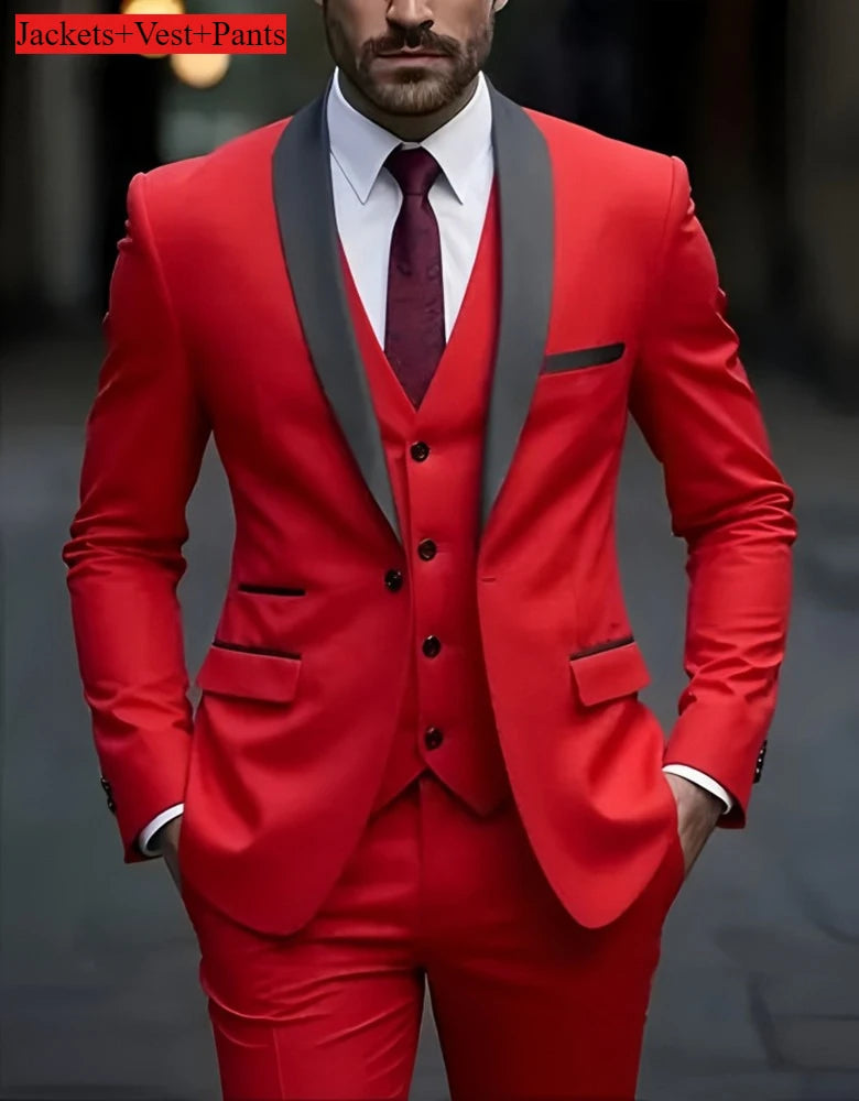 Men's Formal Suit Set Business Casual Slim Fit Tuxedo for Wedding, Long Sleeve Notch Lapel, Groom