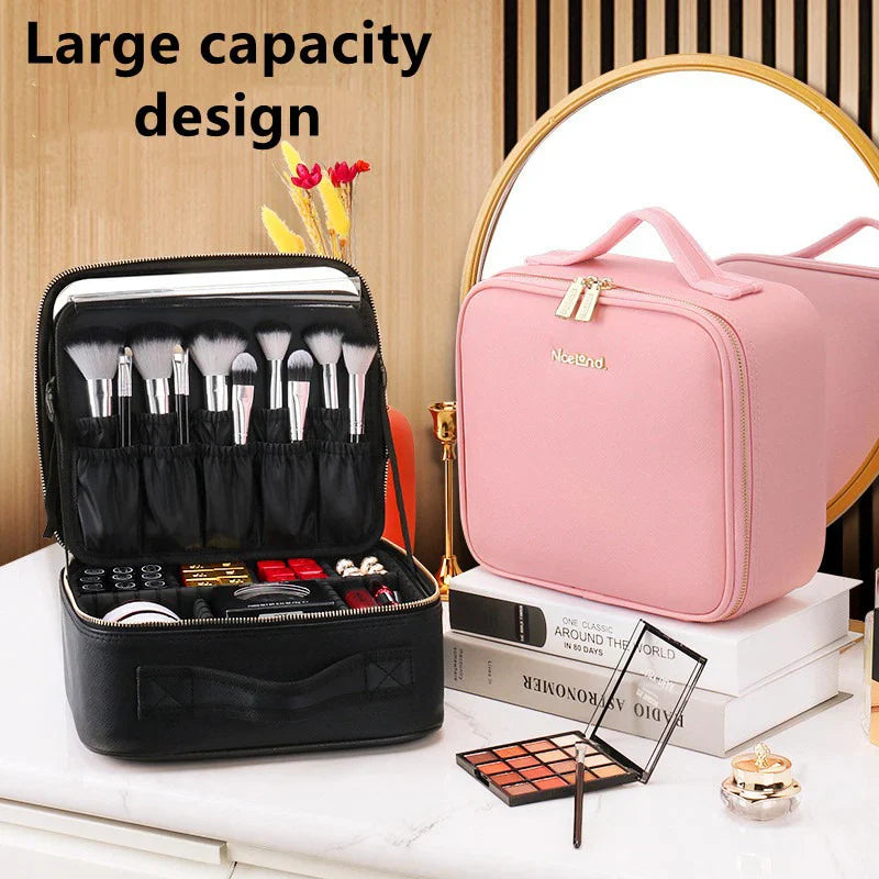 Showlu LED lighted waterproof PU leather cosmetic case with multiple compartments and mirror for makeup storage.