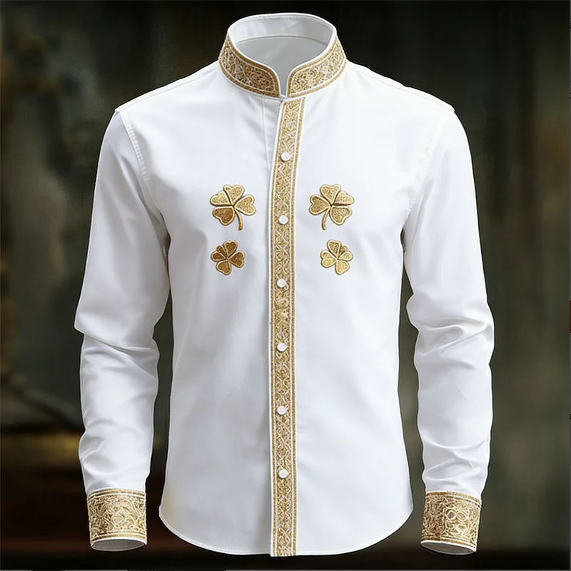 Men's floral long sleeve shirt by Showlu Fashion with gold 3D clover print, stylish and luxurious fashion top.