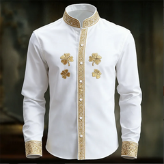 New men's floral long sleeved shirt with gold 3D clover print, fashionable and luxurious long sleeved shirt top