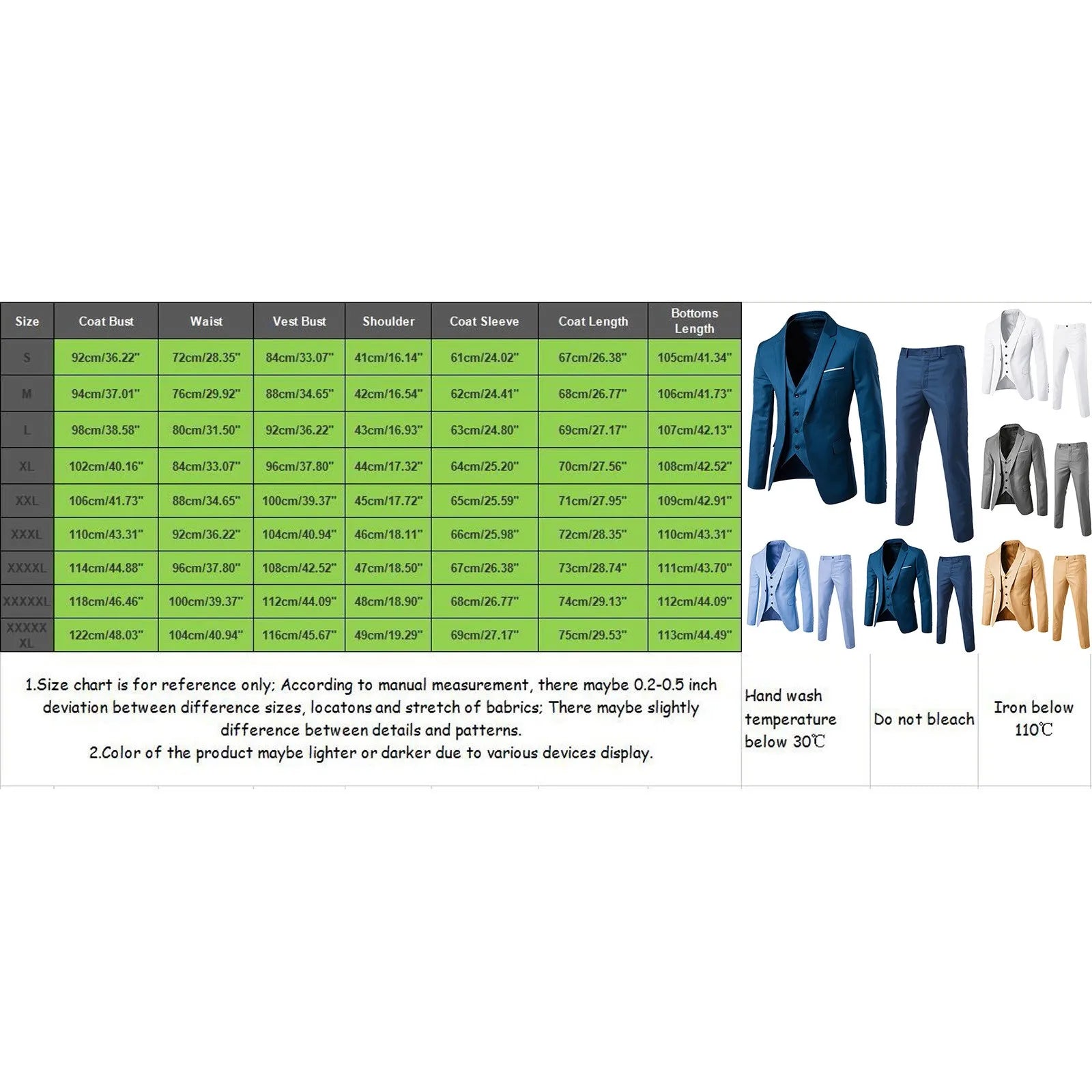 Showlu men's 3-piece slim fit business suit with solid cotton blend fabric, includes jacket, vest, and trousers, on a hanger.