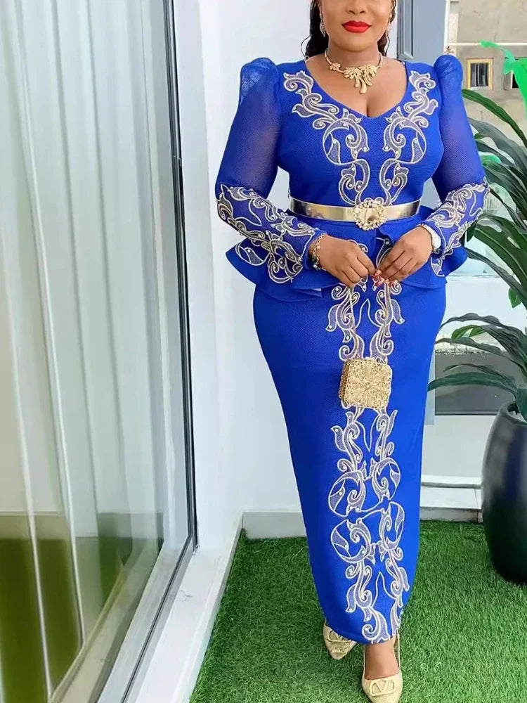 A women’s V-neck beaded evening gown with long sleeves, form-fitting sheath style, by SHOWLU FASHION STORE.