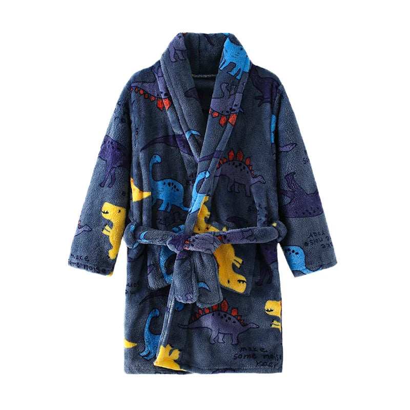 Childdkivy Kids flannel pajamas and warm cartoon bathrobe for boys and girls, featuring colorful playful designs and soft fabric.