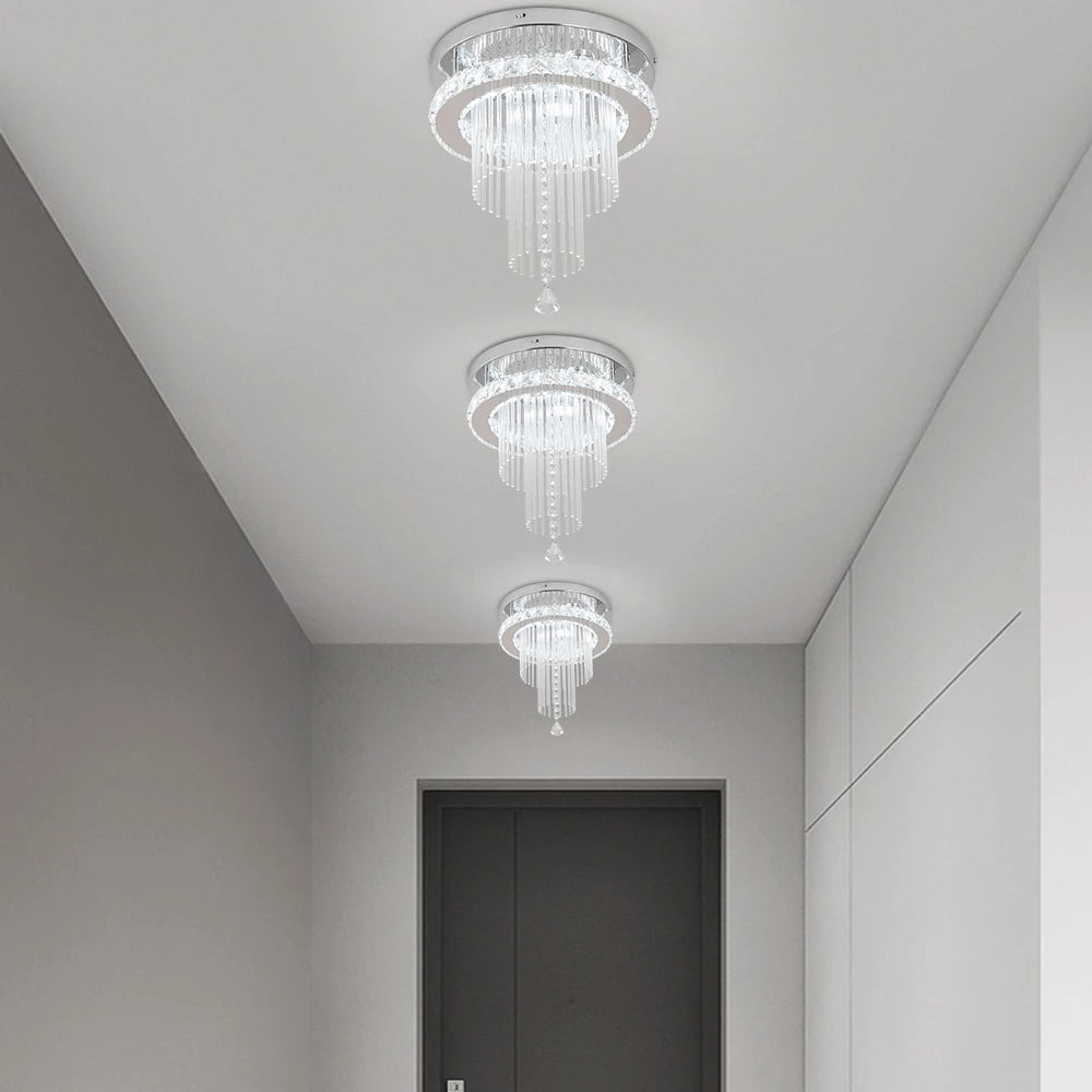 Modern VETRULUS rain drop crystal chandelier with LED ceiling light, featuring hanging crystal strands and sleek contemporary design.