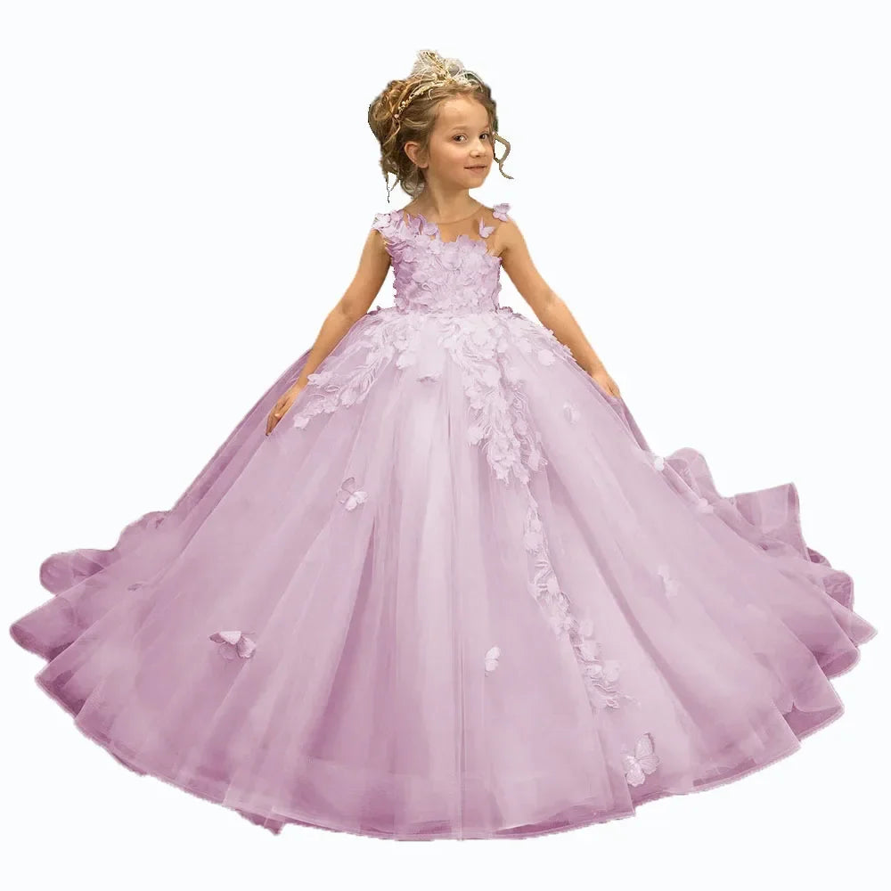 Flower girl dress by Showlu Fashion with 3D floral appliqué, tulle fabric, and elegant pageant gown design.