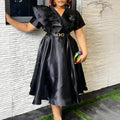 Black satin A-line dress for women with V-neck and ruffle details, perfect for parties, by AOMEI from Showlu Fashion Store.