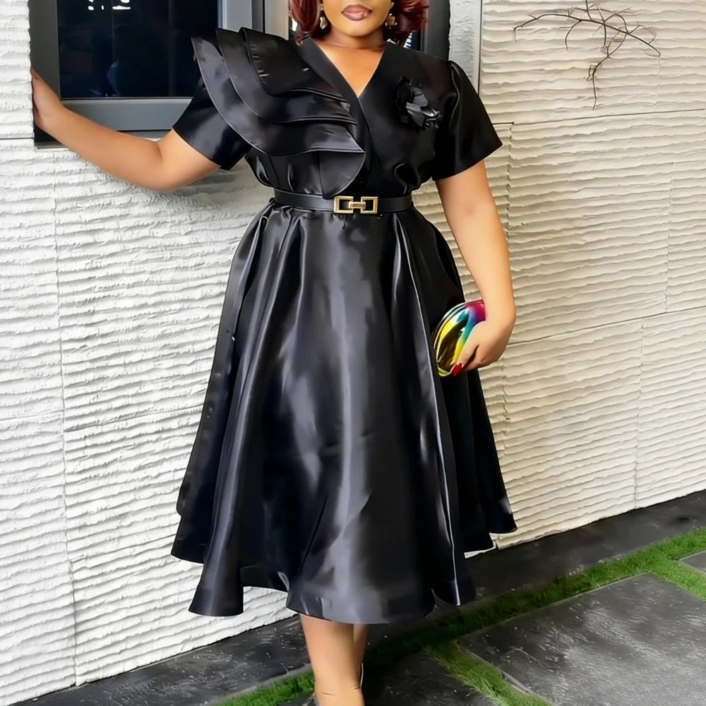 Black satin A-line dress for women with V-neck and ruffle details, perfect for parties, by AOMEI from Showlu Fashion Store.