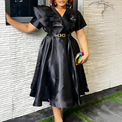 Women Stylish Black A Line Dress V Neck Short Sleeves Ruffles Belt Church Evening Events Party Wedding Guest Formal Occasions