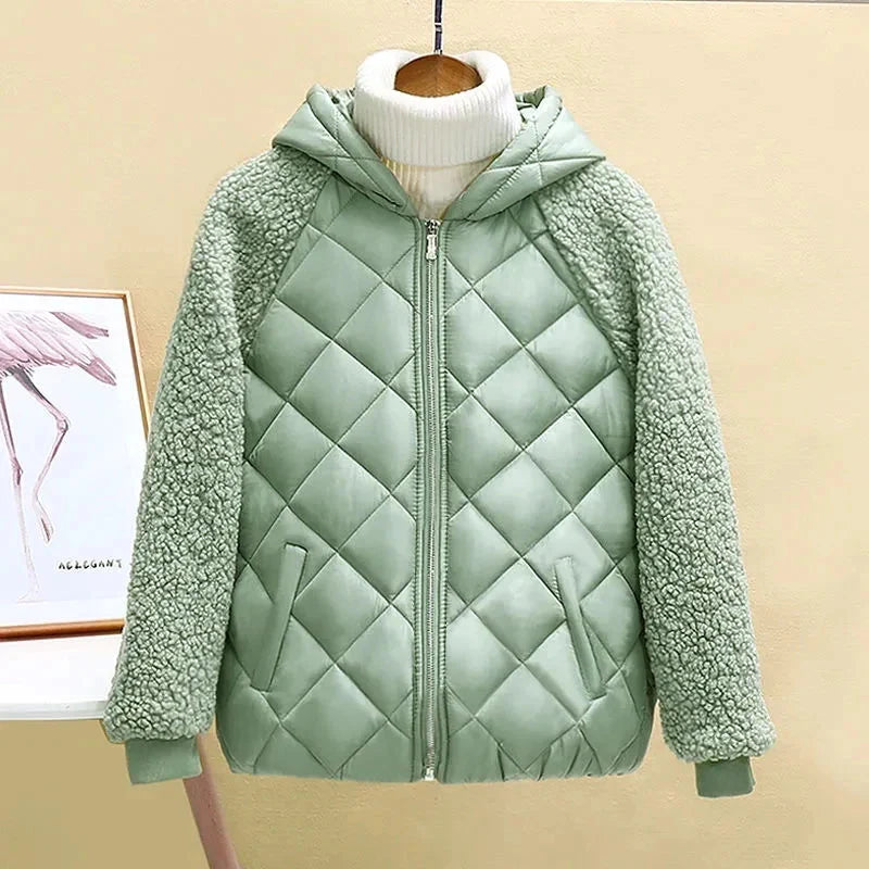Women's hooded light down cotton jacket with patchwork design, short style, by SHOWLU FASHION STORE.