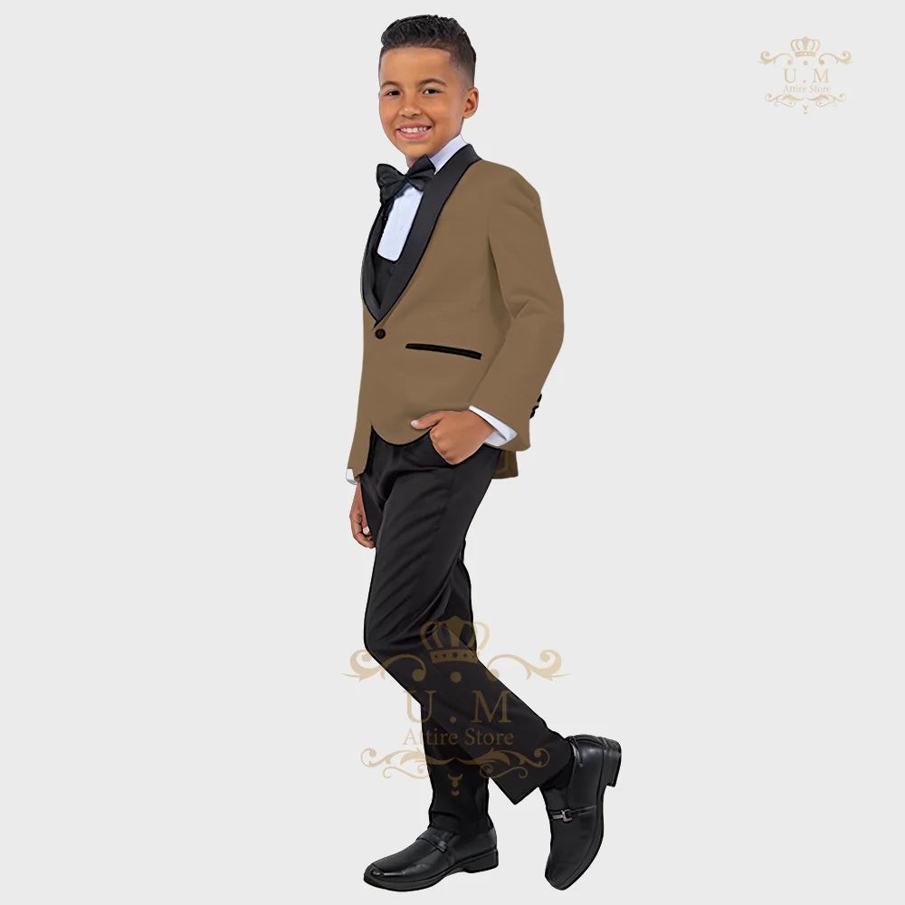 Boy's white tuxedo suit by SHOWLU FASHION with jacket, vest, and pants, perfect for formal events or special occasions.