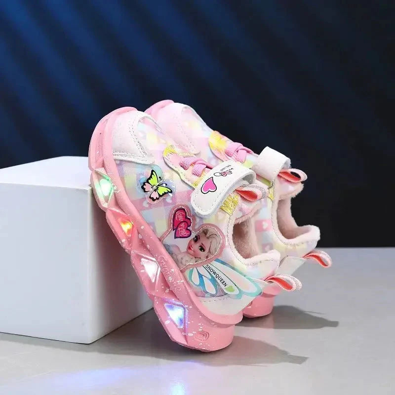 Pink Disney Frozen Elsa girls LED lighted sneakers made of PU leather, featuring Elsa design and glowing lights.