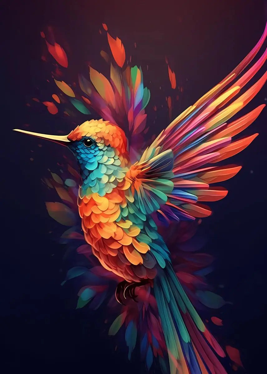 Colorful watercolor hummingbird and flower wall art canvas print, vibrant bird and floral scene for home decor.