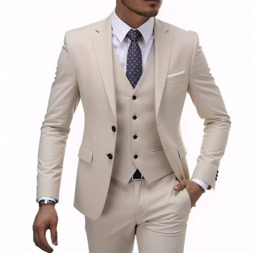 Men's casual 3-piece suit by Showlu Fashion, includes solid color blazer, trousers, vest, and waistcoat in 13 color options.