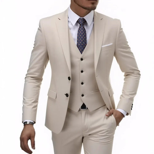 Men's casual 3-piece suit by Showlu Fashion, includes solid color blazer, trousers, vest, and waistcoat in 13 color options.