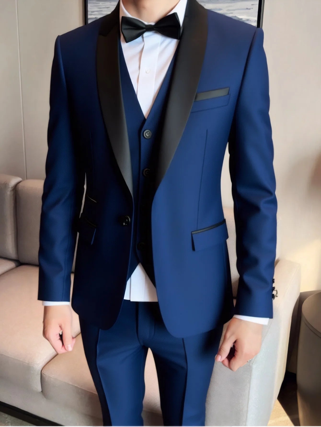 Men's 3-piece suit set with jacket, vest, and trousers in black, featuring slim fit design for formal, business, or wedding occasions.