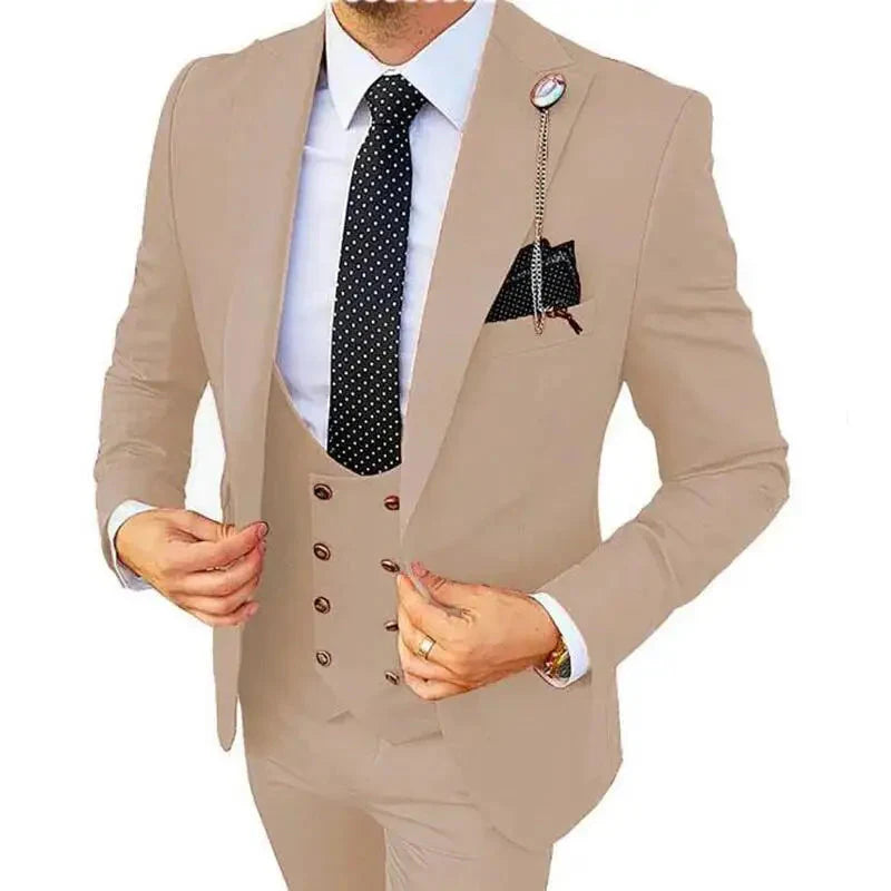 Kromoc men's 3-piece slim fit wedding suit with wool blend fabric and peak lapel, featuring a tailored tuxedo style.