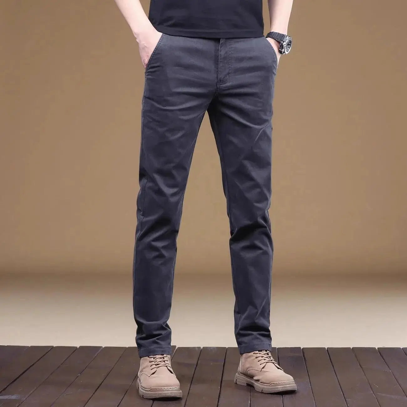 Slim straight cotton casual pants for men by Showlu Fashion, lightweight business trousers in classic style.