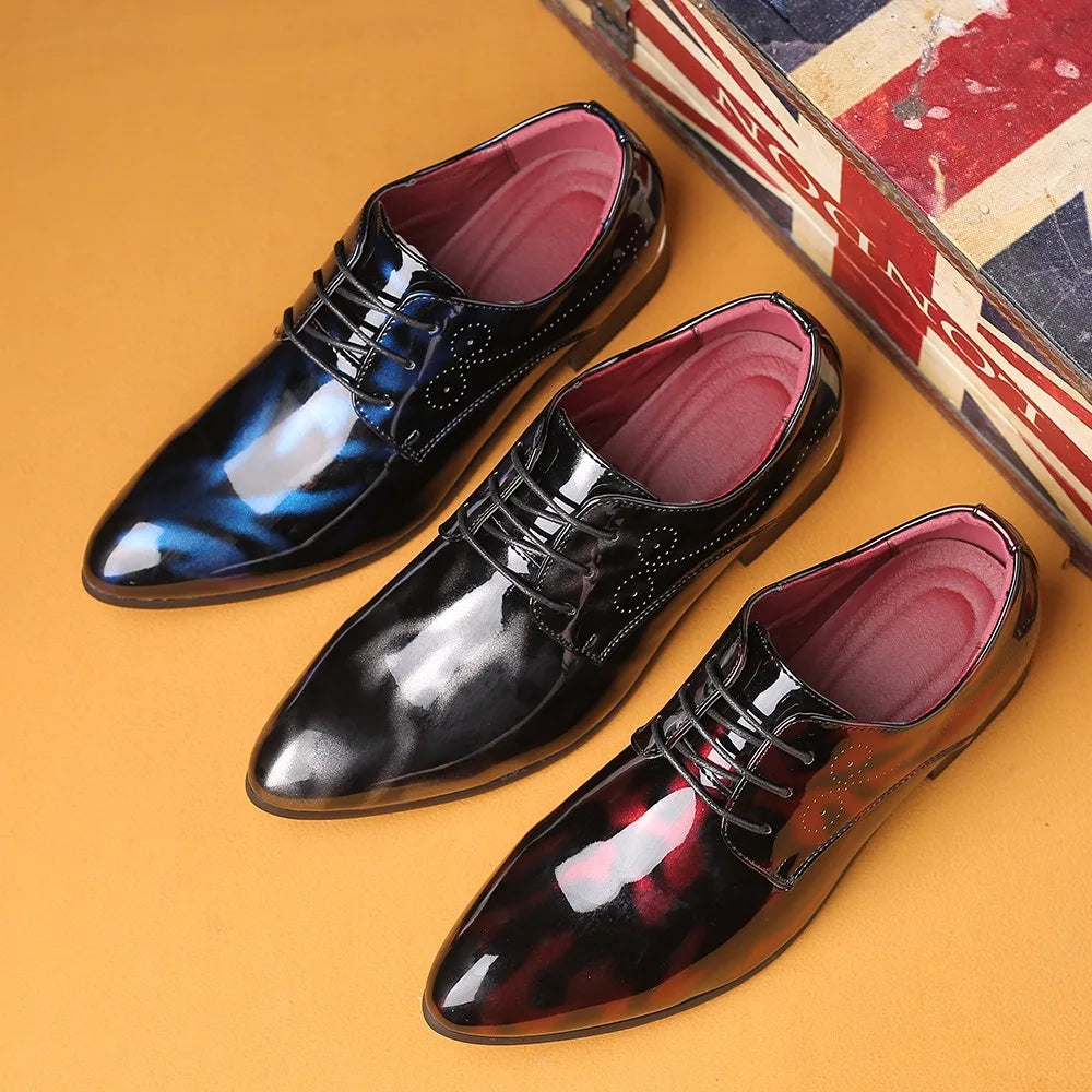 Elegant black patent leather men's pointed toe formal shoes by Showlu Fashion Store, suitable for weddings and special occasions.