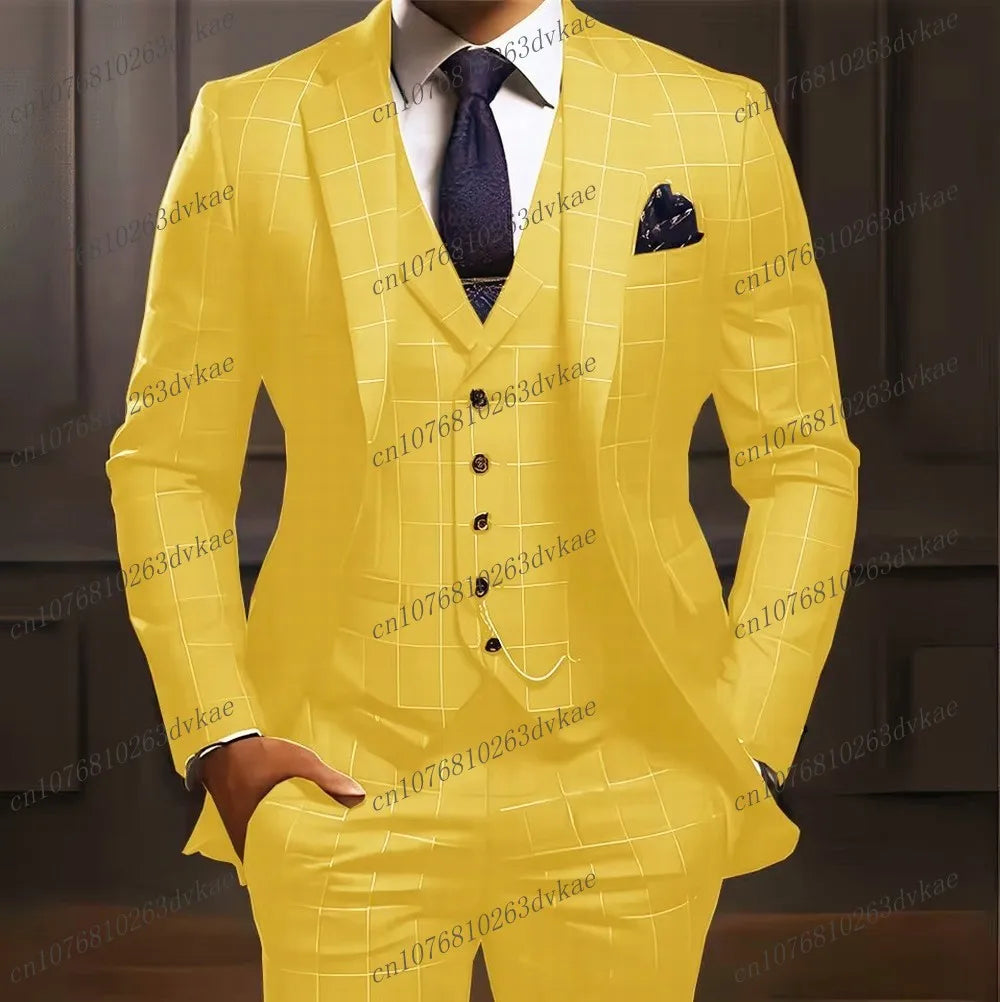 Navy blue men's plaid tuxedo suit by Showlu Fashion, including blazer, vest, and pants for groom or groomsman wedding attire