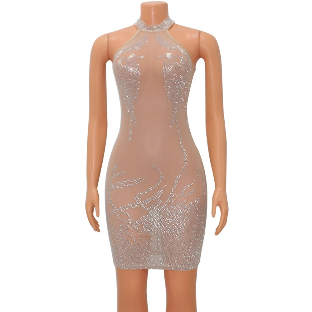 Sexy Mesh Rhinestone Short Prom Evening Mini Dress See Through Outfits Luxury For Women Night Club Party Diamond Bodycon Dresses SHOWLU FASHION STORE