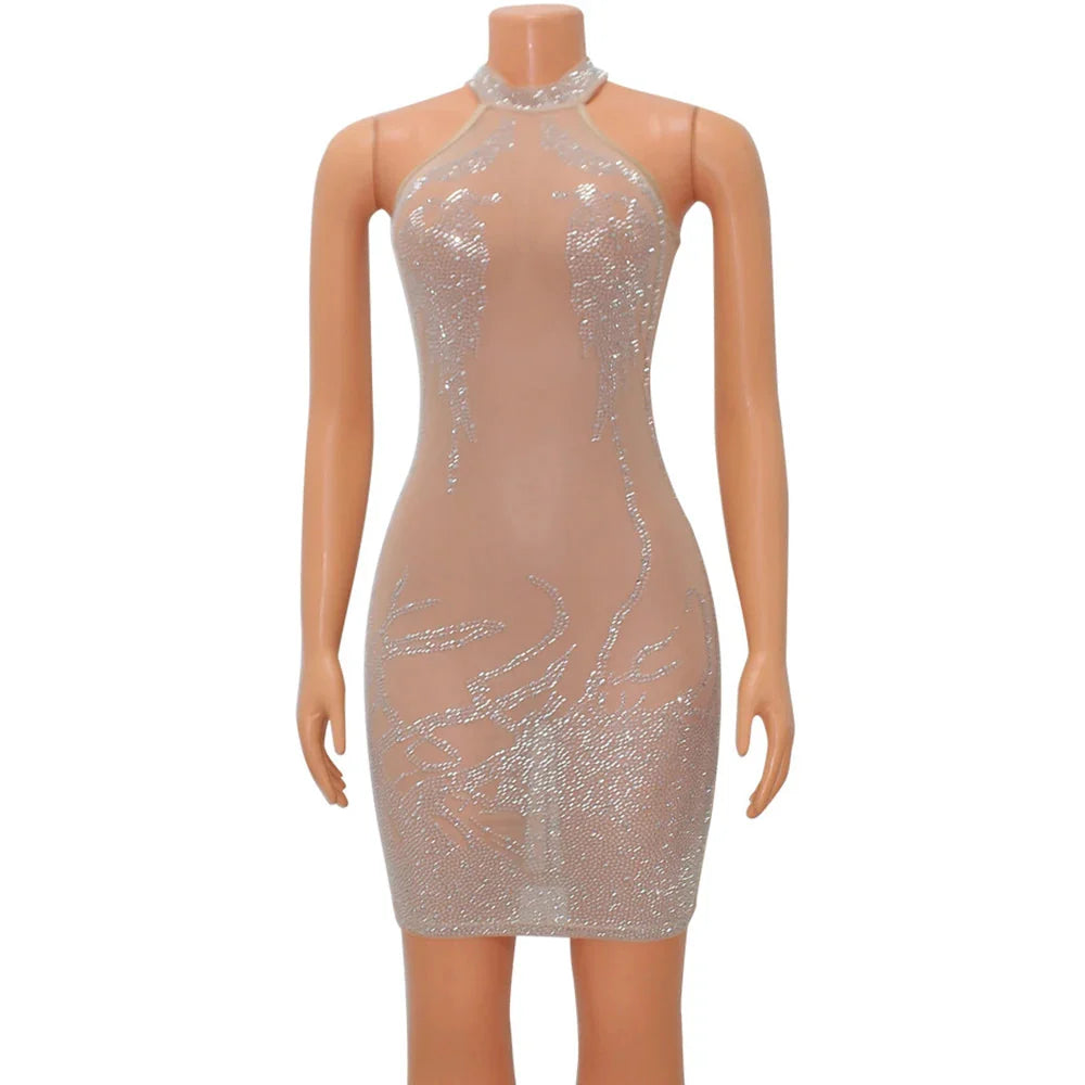 Women's rhinestone mesh mini dress by SHOWLU FASHION, sexy sheath bodycon style, perfect for parties and night out.