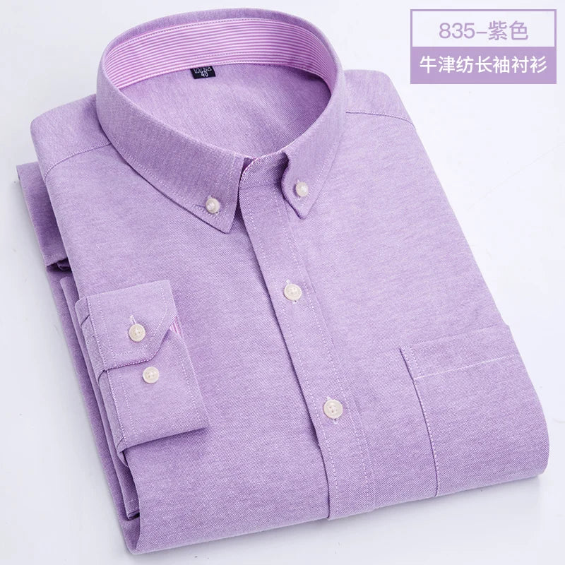 Showlu men's slim fit Oxford shirt with long sleeves, non-iron casual top, in classic blue with button-down collar.
