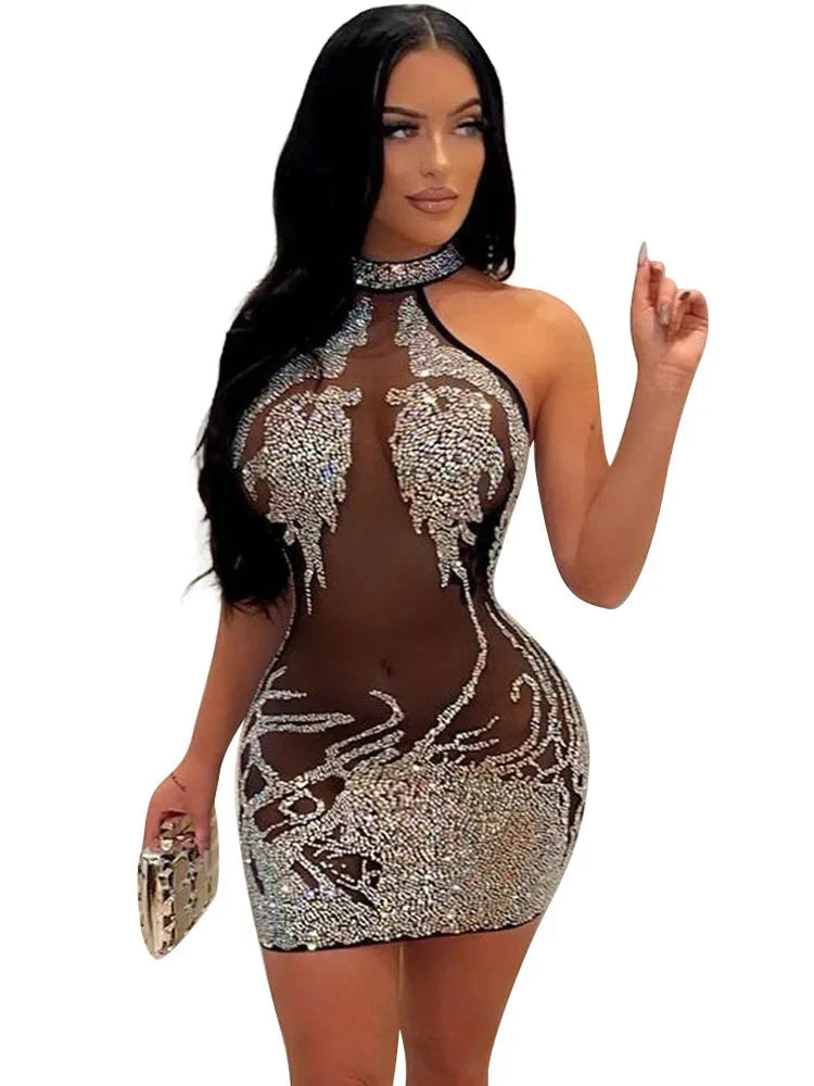 Risbrdfly Women's Rhinestone Mesh Mini Dress by SHOWLU FASHION featuring a sexy bodycon sheath design with sparkling rhinestones.