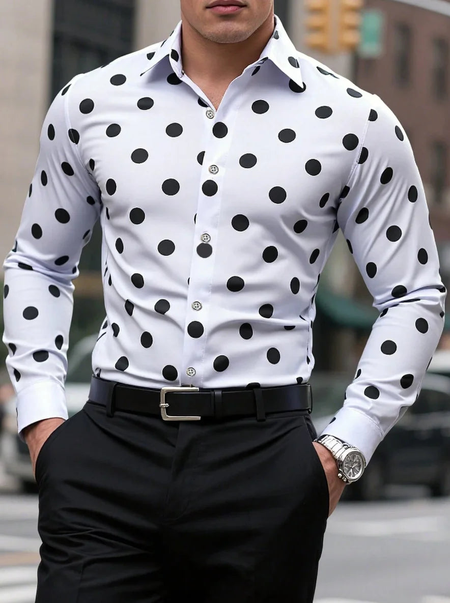 Long sleeve men's casual shirt with spotted lapel, button closure, breathable fabric, in a versatile fashion style by Showlu Fashion.