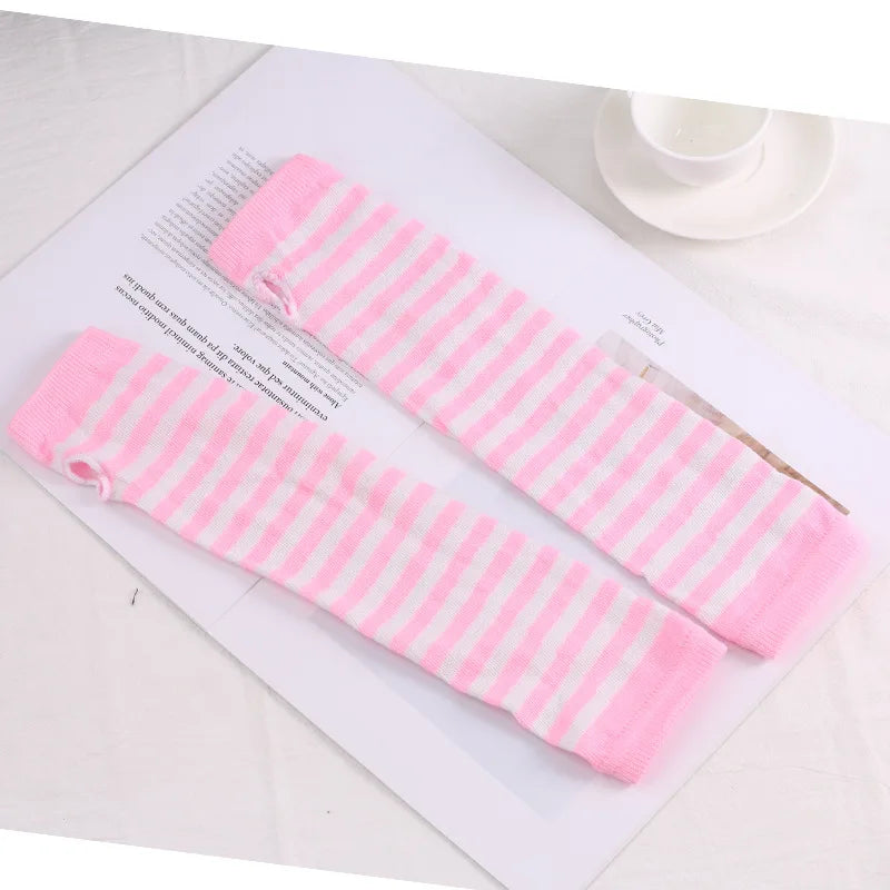 Showlu Smart General winter long sleeve fingerless gloves for men and women, knitted stripe design, elastic outdoor warmer arm mittens