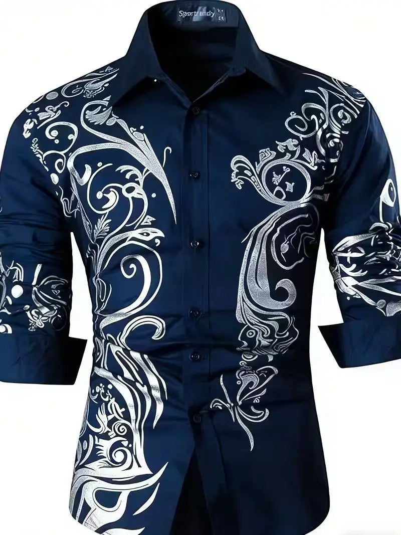 Men's fashionable 3D flame printed long-sleeve button-up shirt by Showlu Fashion with casual style and modern design.