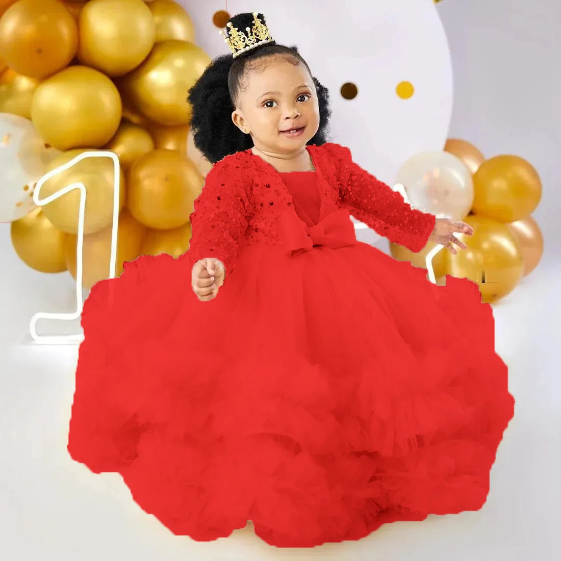Baby girl flower girl dress by Showlu Fashion with sequins, full sleeves, floor-length, perfect for weddings, photos, and first communion.