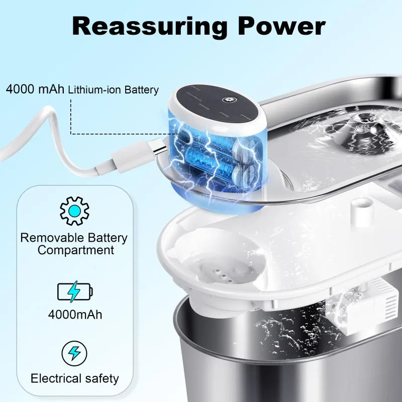 Stainless steel VOFORD 3.0L wireless cat water fountain with motion sensor, showcasing its sleek design and water spout.