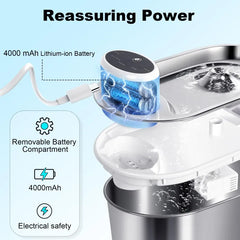 A stainless steel pet water fountain with a detachable, rechargeable battery compartment.