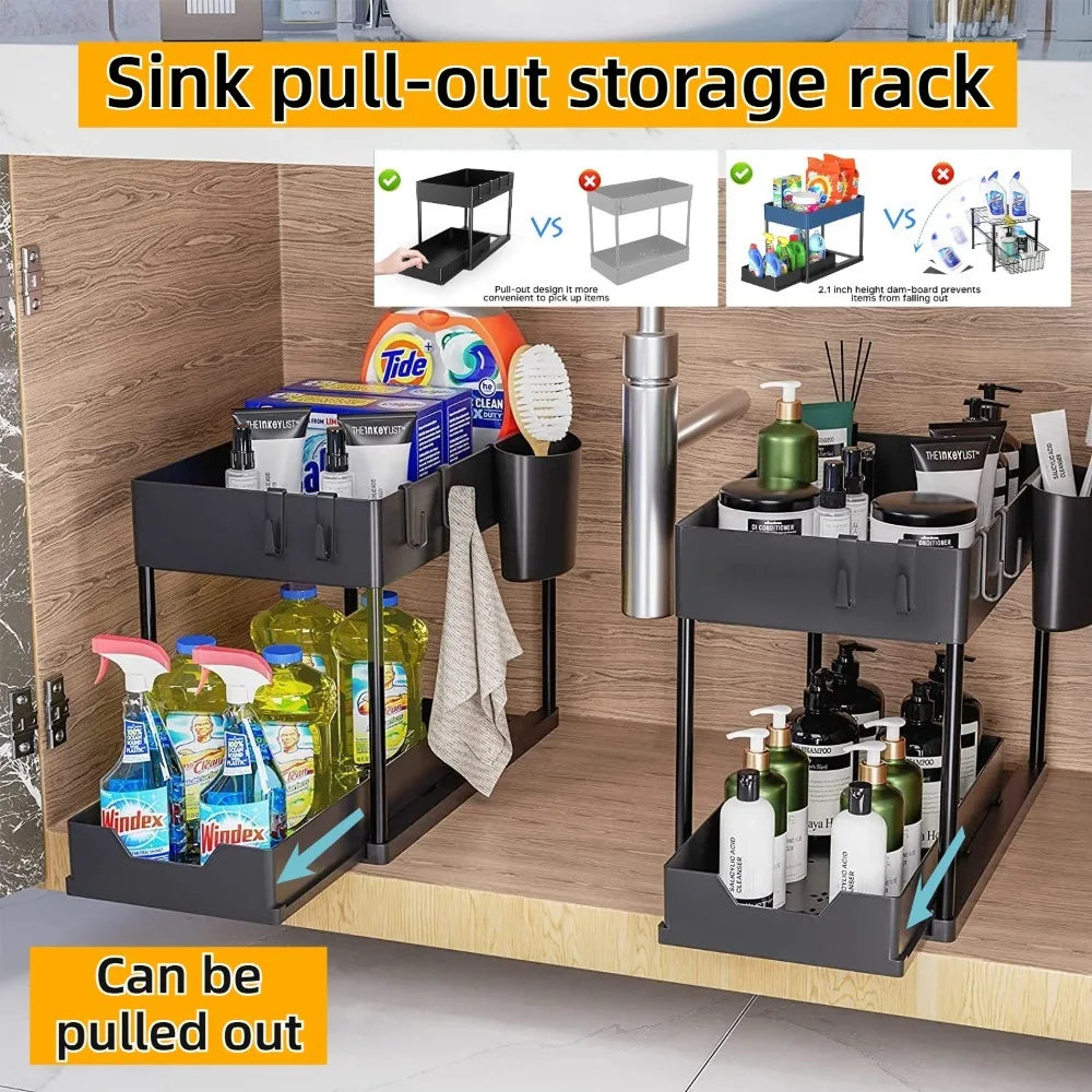 Showlu Smart General under sink organizer rack with multiple compartments for kitchen or bathroom storage, black plastic design