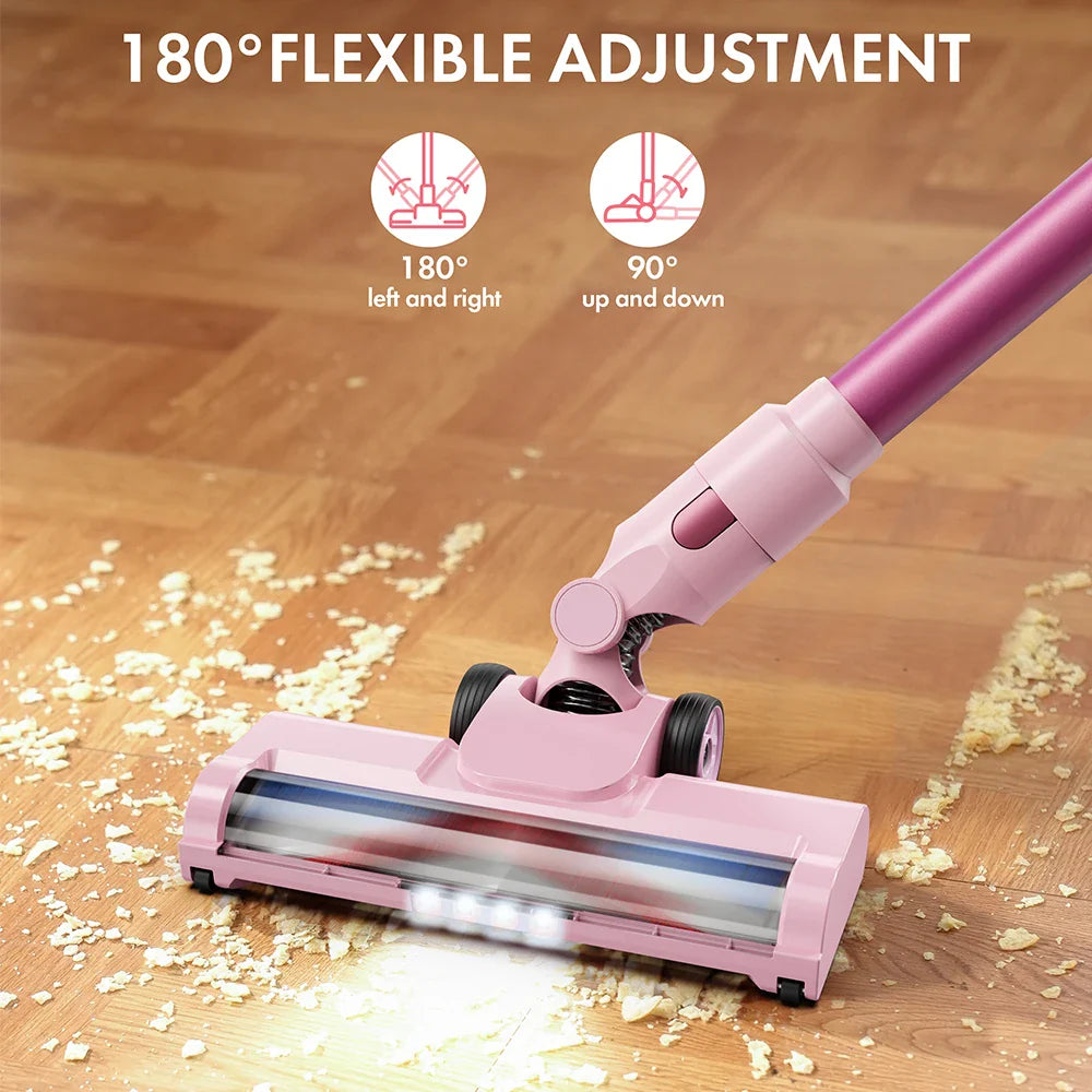 Homeika cordless vacuum cleaner with LED display, 28KPA suction, 8-in-1 design, shown with dust container and attachments.