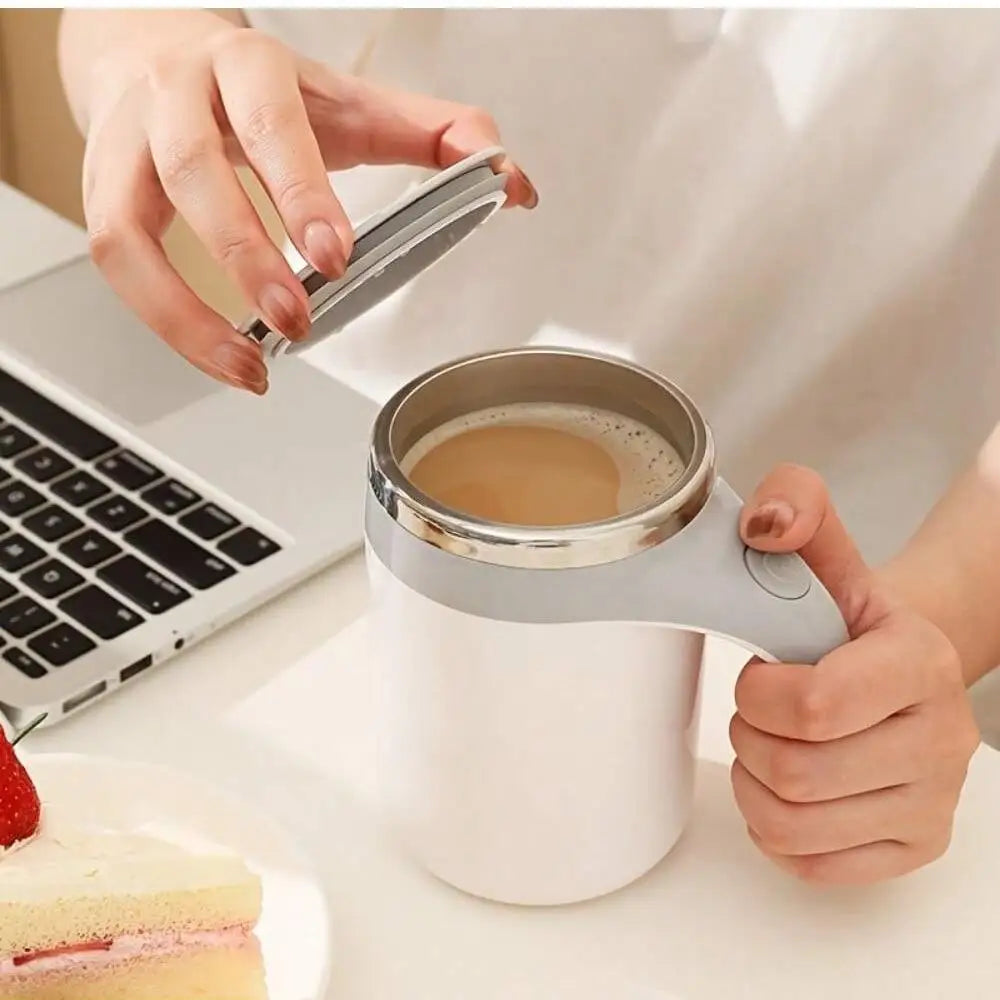 Showlu automatic magnetic stirring coffee mug made of stainless steel with a sleek design and built-in mixer for easy beverage blending.