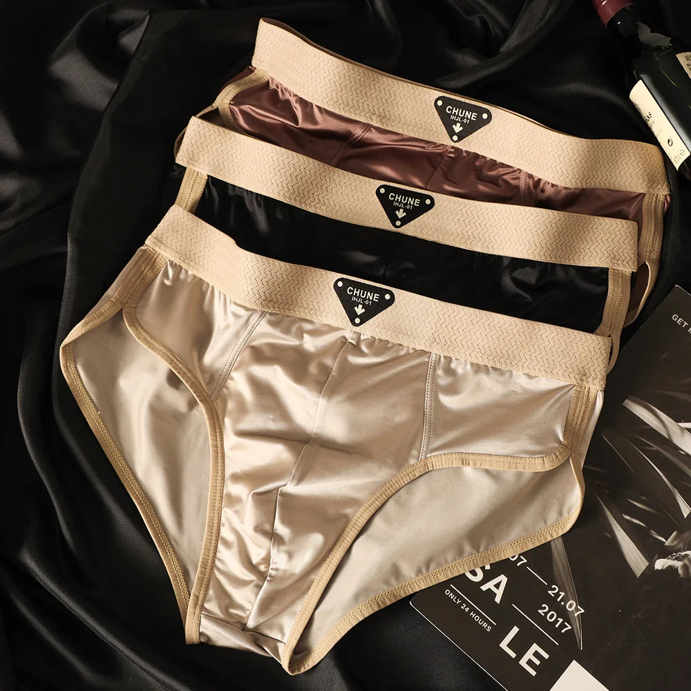 Luxury men's satin-like briefs in a 3-pack, breathable ice silk mesh underwear with high elasticity and soft, comfortable fit.