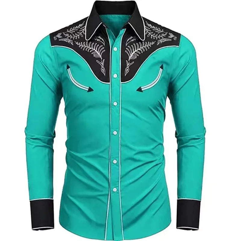Men's tribal ethnic casual shirt with long sleeves, button lapel, soft fabric, suitable for outdoor and party wear by Showlu Fashion.