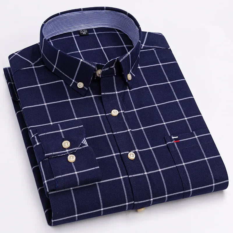 Men's long sleeve plaid cotton dress shirt in solid color from Showlu Fashion, regular fit, oversized 6XL, casual and smart style.