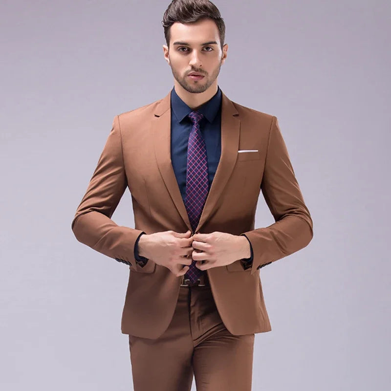 Men's solid color blazer and trousers set for casual, office, or wedding occasions, stylish business suit by Showlu Fashion.