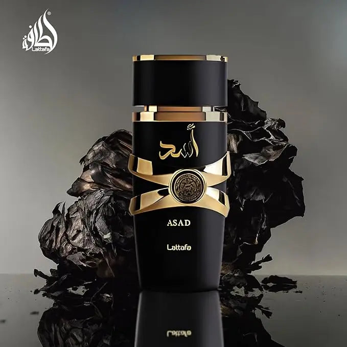 Lattafa Asad Pheromone Perfume for men and women in a 100ml bottle, featuring Arabian fragrance notes and elegant packaging.
