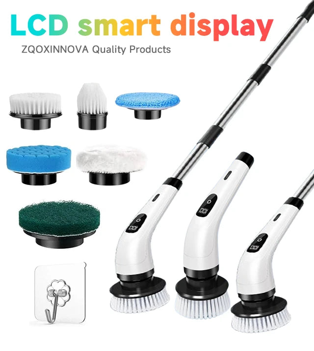 Showlu Smart General cordless electric spin scrubber with 7-in-1 cleaning brush, showing multiple brush heads and ergonomic handle.