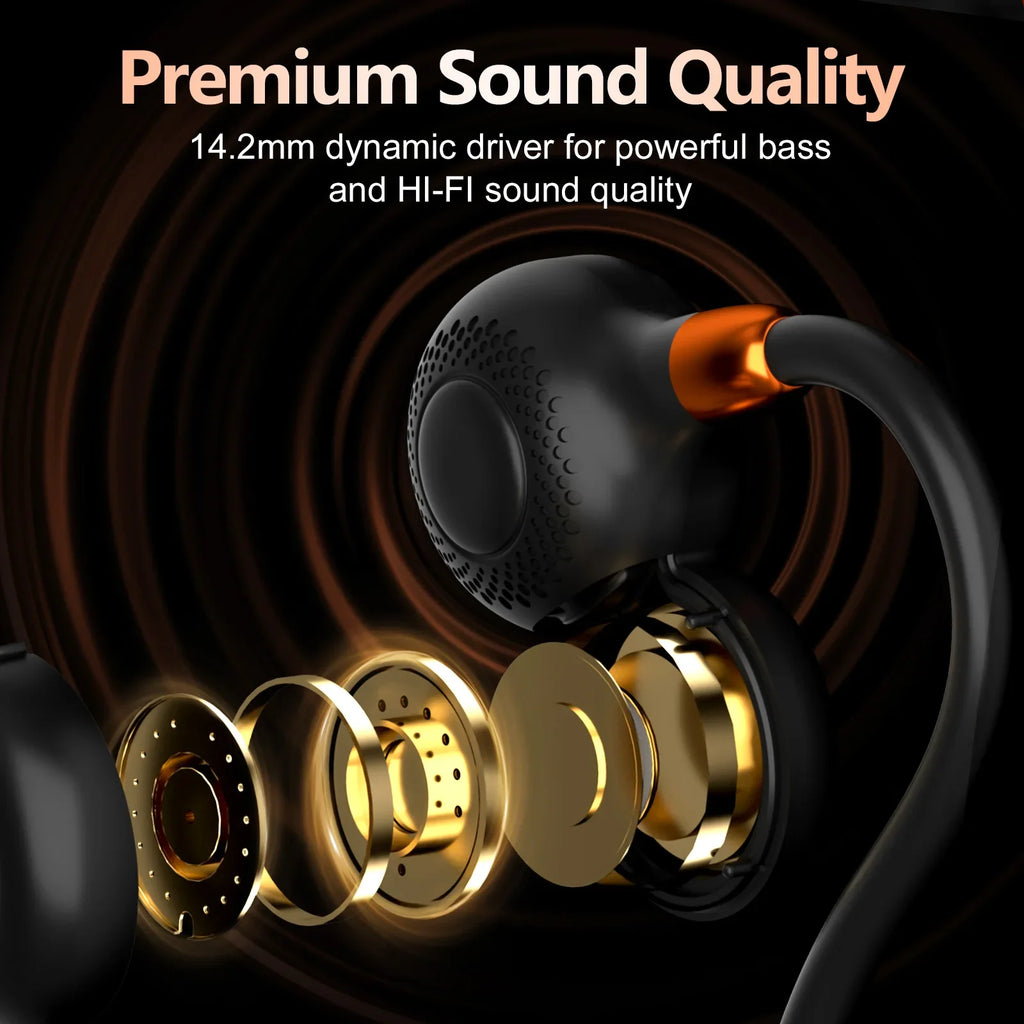 Ortizan i10 open ear wireless Bluetooth 5.3 sport earbuds with IPX6 water resistance, shown in black with ergonomic design.