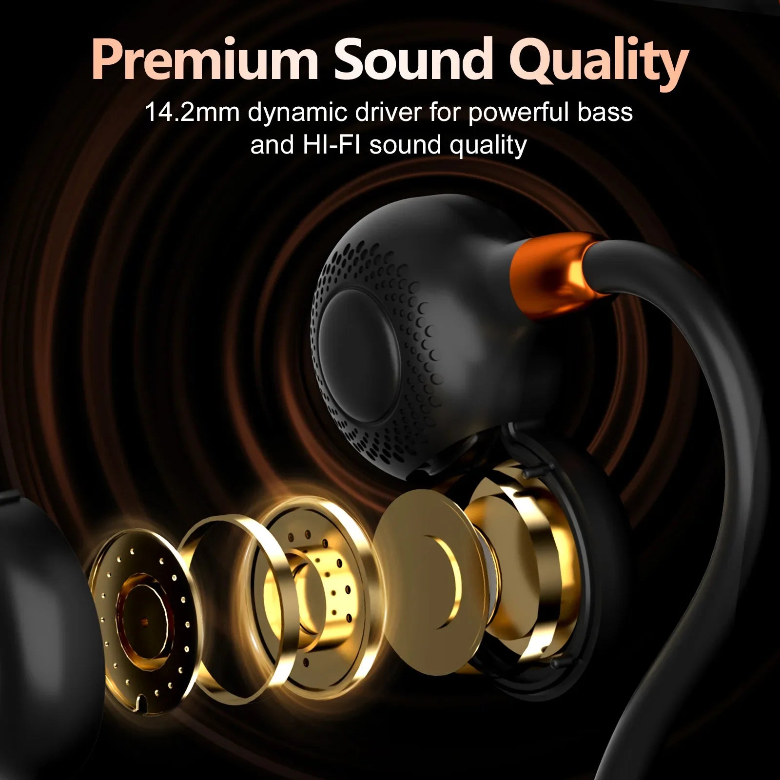 Ortizan i10 open ear wireless Bluetooth 5.3 sport earbuds with IPX6 water resistance, shown in black with ergonomic design.