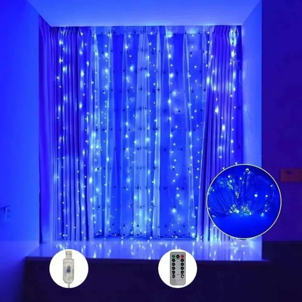 Showlu Smart General LED curtain fairy lights hanging in a room, showcasing their warm, decorative glow for home lighting and ambiance.