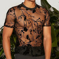 Summer Men's Clothing Mesh Lace Knit T-shirt Streetwear Hollow-Out O Neck Sweater Short Sleeve Tees Rose Printed Luxury Knitwear