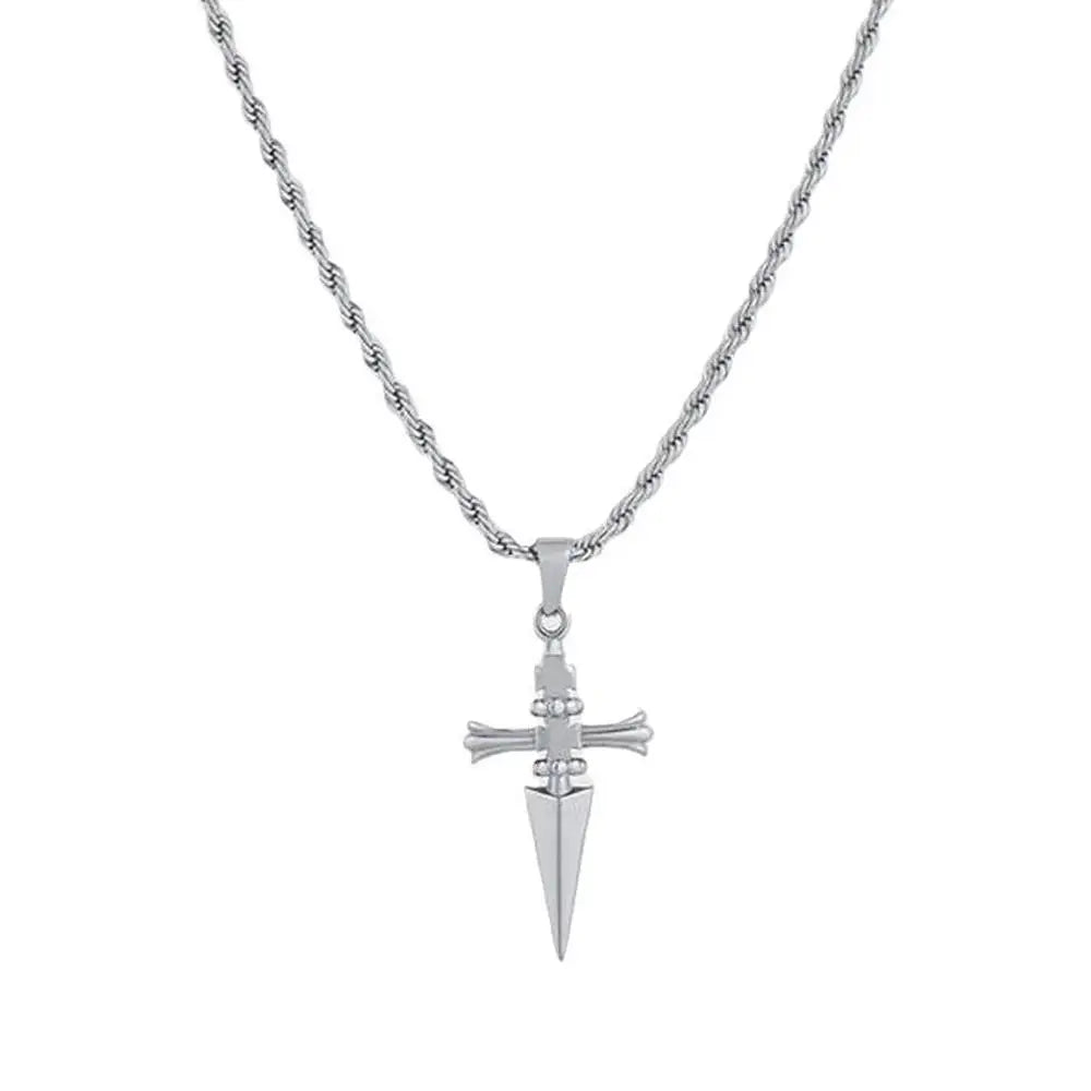 Stainless steel sword cross pendant necklace with link chain, hip hop punk style jewelry for women and men.