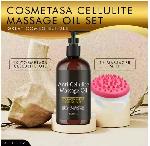 Showlu Anti Cellulite Massage Oil with collagen and stem cells for skin tightening, displayed in a clear bottle on a white background.