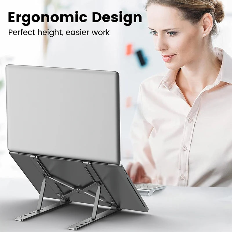 Showlu Aluminum Laptop Stand with foldable 6-level ergonomic riser for adjustable laptop positioning and improved workspace comfort
